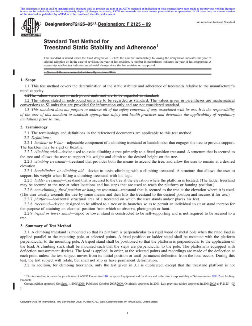 REDLINE ASTM F2125-09 - Standard Test Method for Treestand Static Stability and Adherence