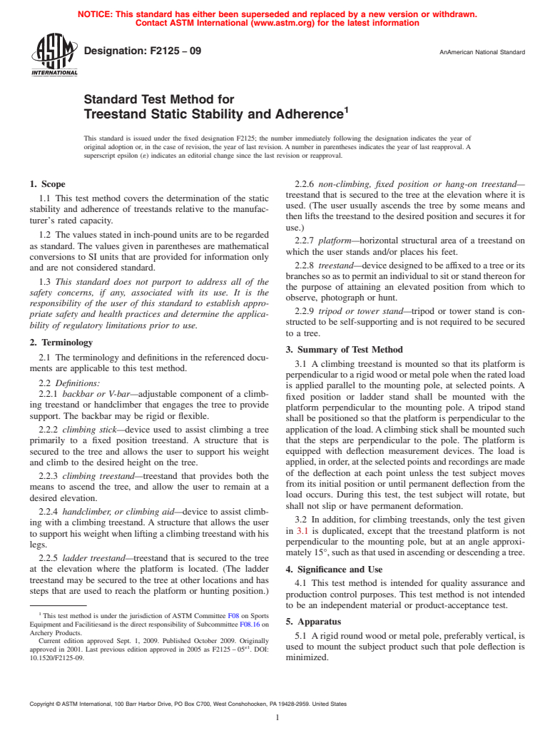 ASTM F2125-09 - Standard Test Method for Treestand Static Stability and Adherence