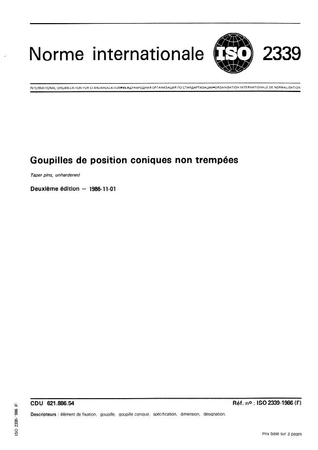 ISO 2339:1986 - Goupilles de position coniques non trempées