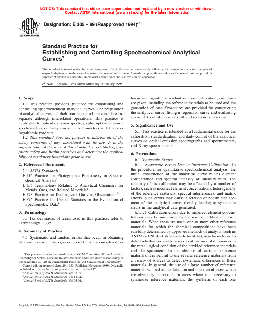 ASTM E305-89(1994)e1 - Standard Practice for Establishing and Controlling Spectrochemical Analytical Curves (Withdrawn 2005)