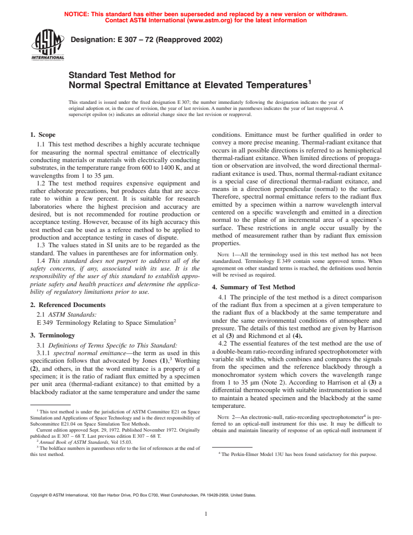 ASTM E307-72(2002) - Standard Test Method for Normal Spectral Emittance at Elevated Temperatures