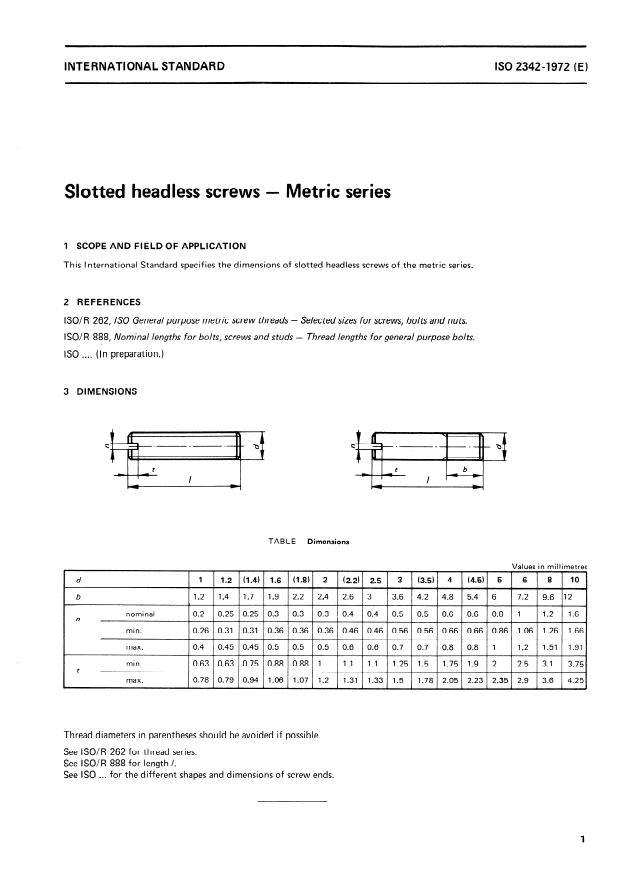 ISO 2342:1972 - Slotted headless screws -- Metric series