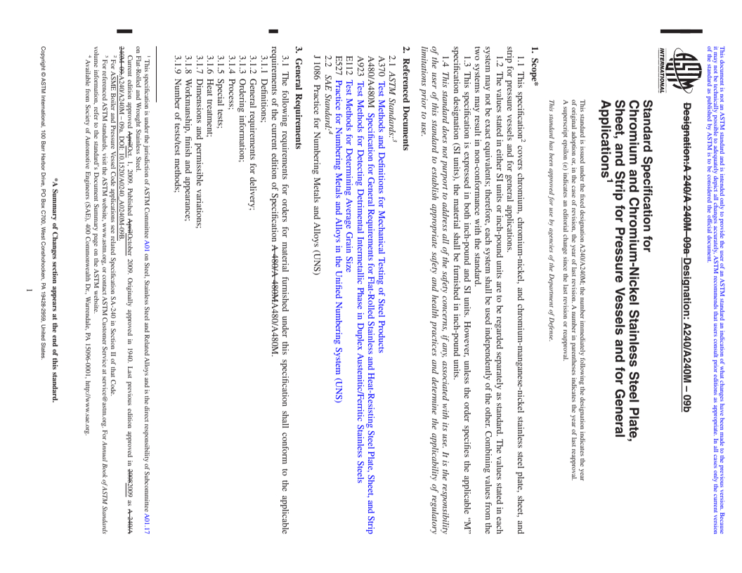 REDLINE ASTM A240/A240M-09b - Standard Specification for Chromium and Chromium-Nickel Stainless Steel Plate, Sheet, and Strip for Pressure Vessels and for General Applications