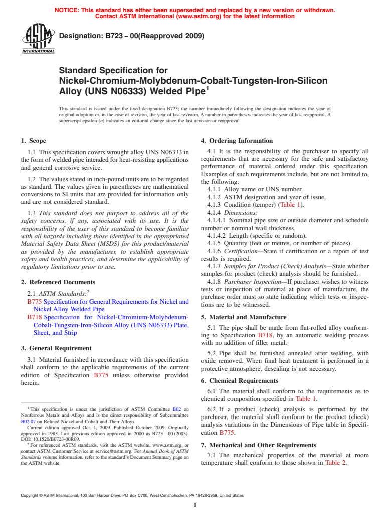 ASTM B723-00(2009) - Standard Specification for Nickel-Chromium-Molybdenum-Cobalt-Tungsten-Iron-Silicon Alloy (UNS N06333) Welded Pipe