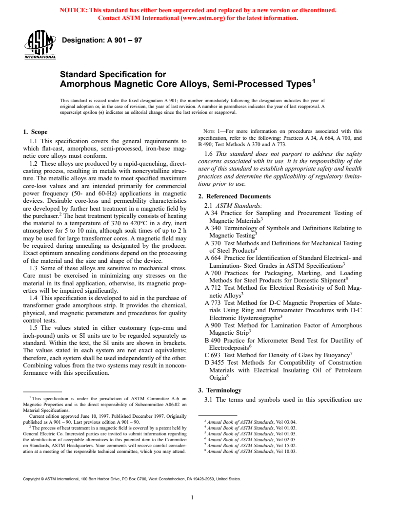 ASTM A901-97 - Standard Specification for Amorphous Magnetic Core Alloys, Semi-Processed Types