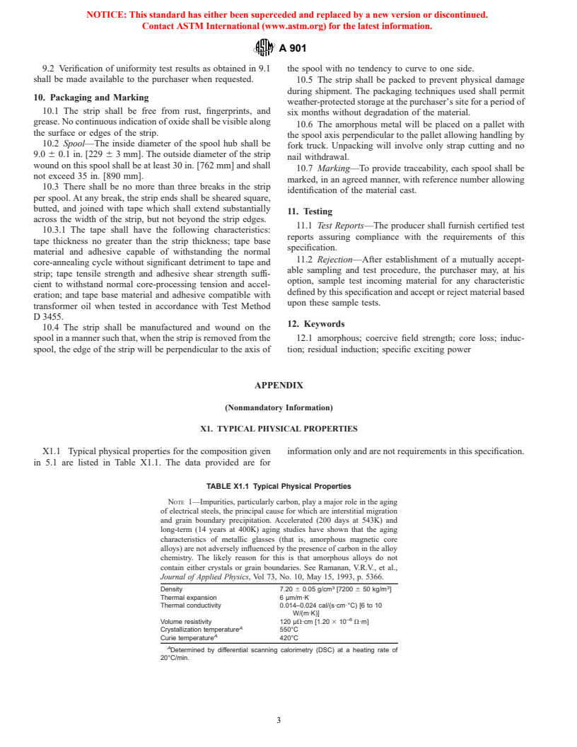 ASTM A901-97 - Standard Specification for Amorphous Magnetic Core Alloys, Semi-Processed Types