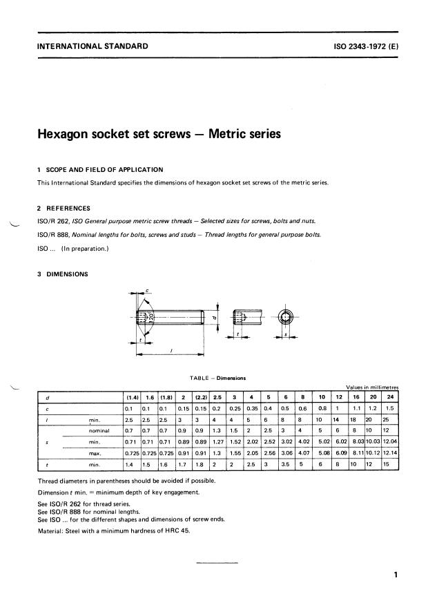 ISO 2343:1972 - Hexagon socket set screws -- Metric series