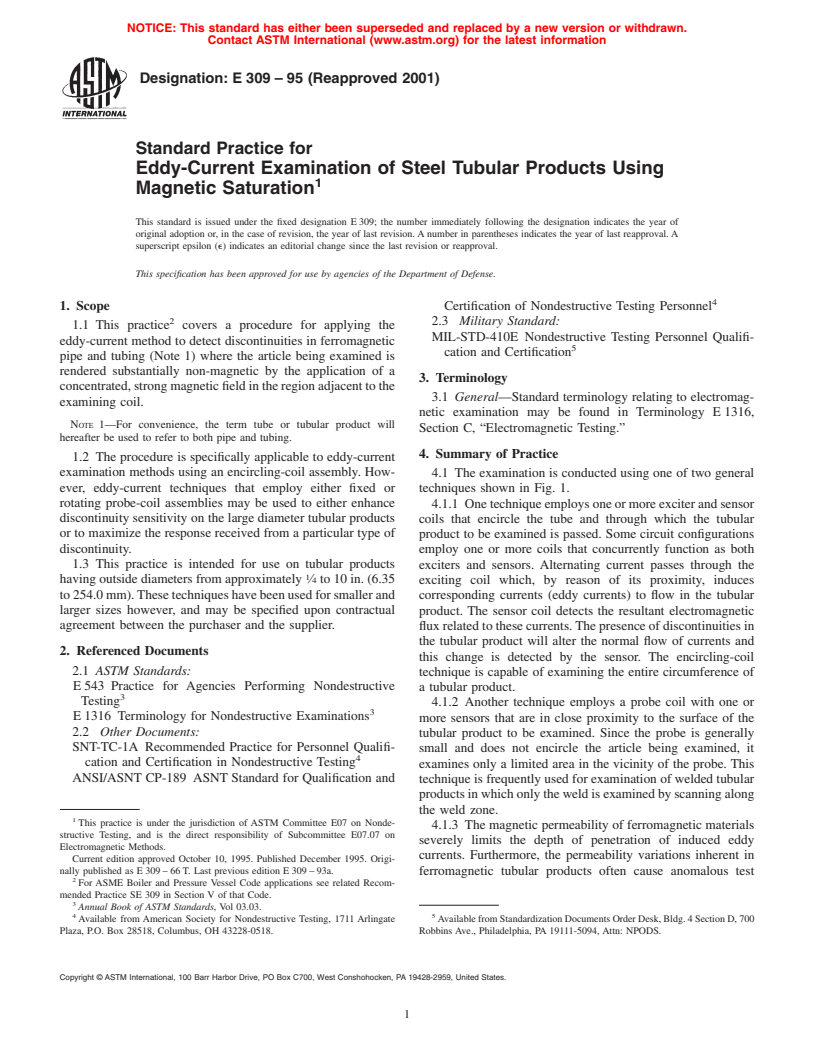 ASTM E309-95(2001) - Standard Practice for Eddy-Current Examination of Steel Tubular Products Using Magnetic Saturation