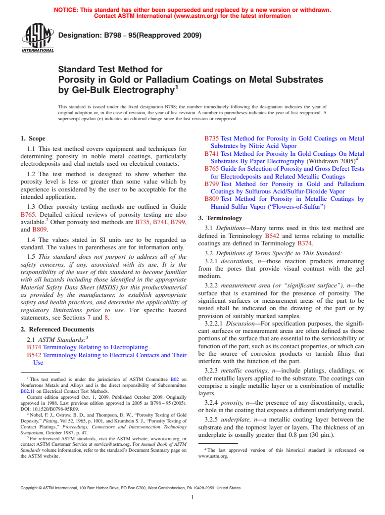 ASTM B798-95(2009) - Standard Test Method for Porosity in Gold or Palladium Coatings on Metal Substrates by Gel-Bulk Electrography