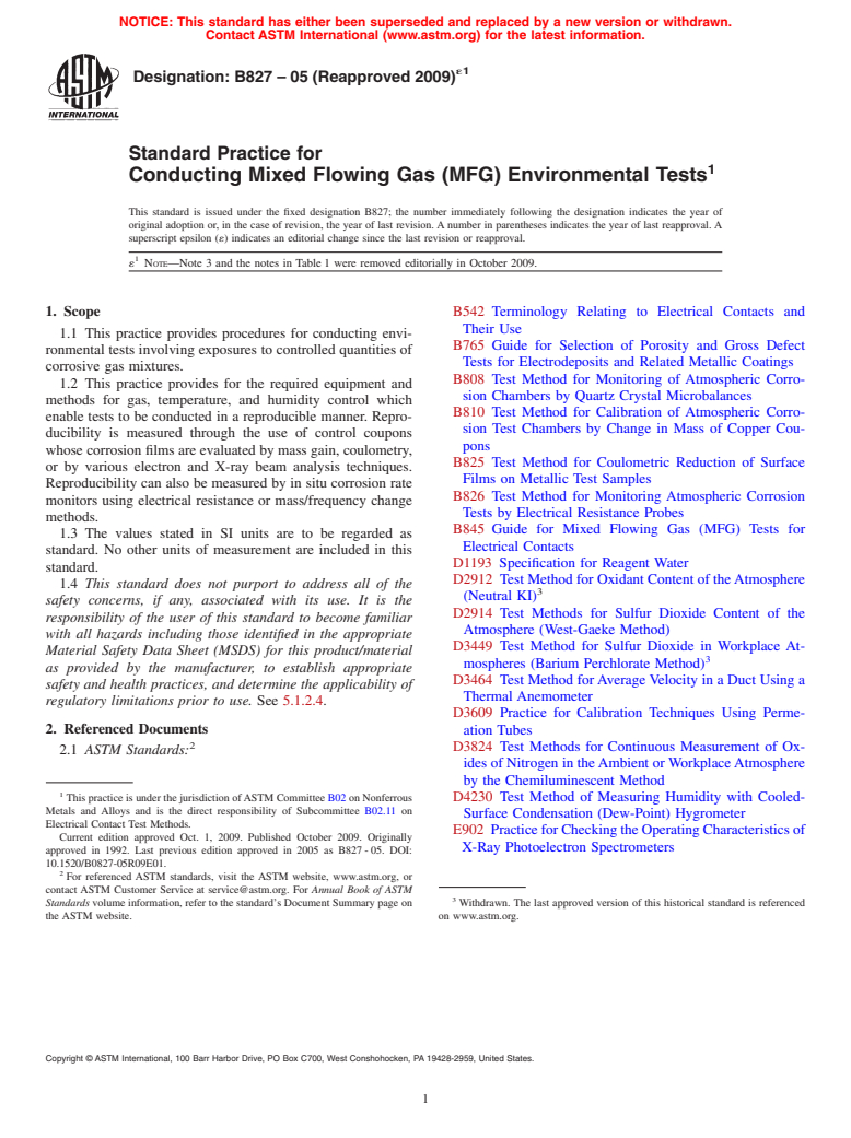 ASTM B827-05(2009)e1 - Standard Practice for Conducting Mixed Flowing Gas (MFG) Environmental Tests