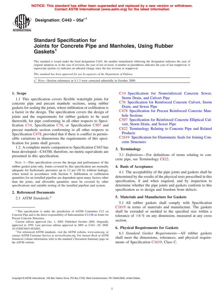 ASTM C443-05ae1 - Standard Specification for Joints for Concrete Pipe and Manholes, Using Rubber Gaskets