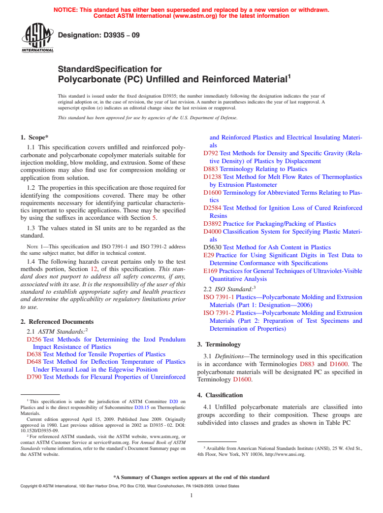 ASTM D3935-09 - Standard Specification for Polycarbonate (PC) Unfilled and Reinforced Material