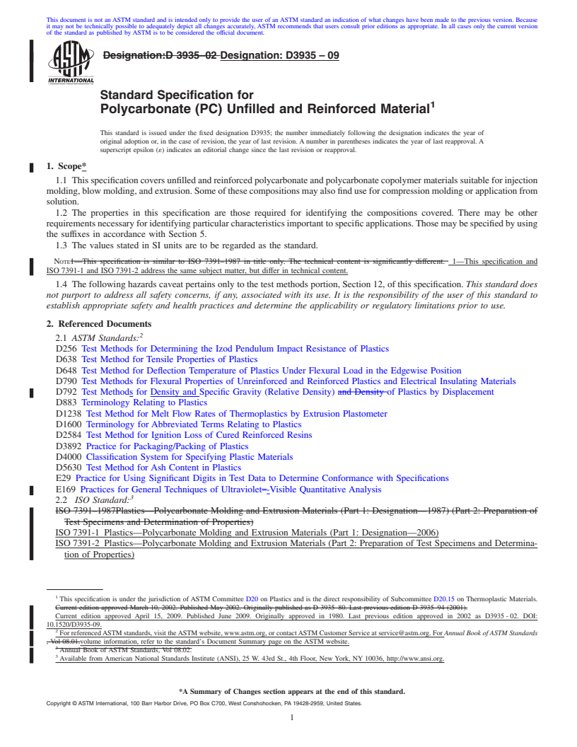 REDLINE ASTM D3935-09 - Standard Specification for Polycarbonate (PC) Unfilled and Reinforced Material