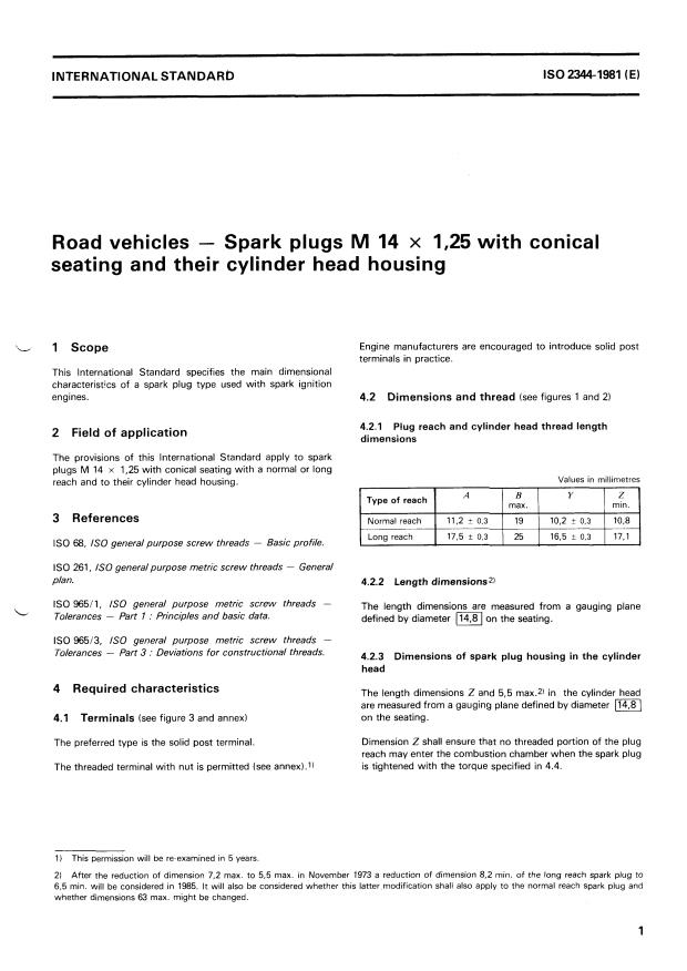 ISO 2344:1981 - Road vehicles -- Spark plugs M 14 x 1,25 with conical seating and their cylinder head housing