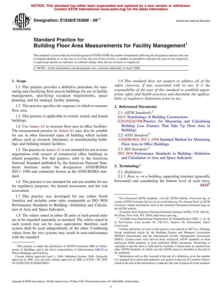 ASTM E1836/E1836M-09e1 - Standard Practice for Building Floor Area Measurements for Facility Management