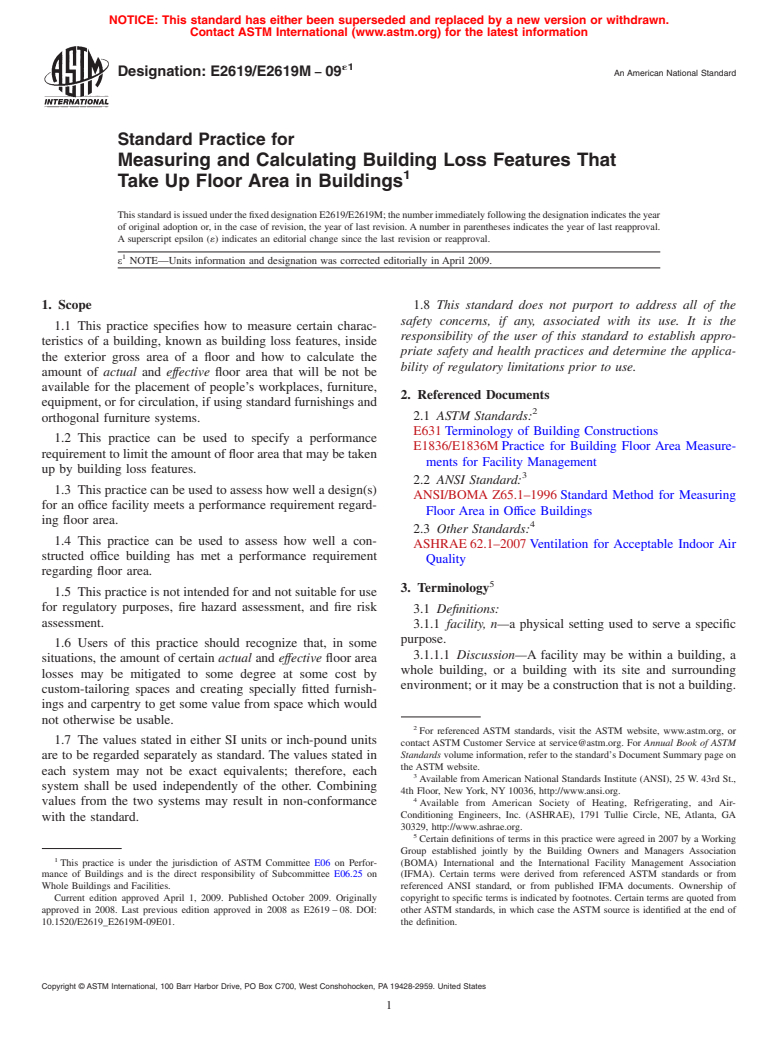 ASTM E2619/E2619M-09e1 - Standard Practice for Measuring and Calculating Building Loss Features That Take Up Floor Area in Buildings