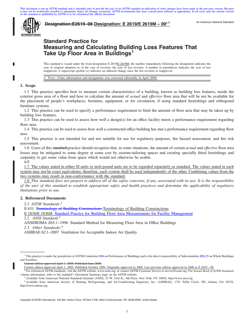 REDLINE ASTM E2619/E2619M-09e1 - Standard Practice for Measuring and Calculating Building Loss Features That Take Up Floor Area in Buildings