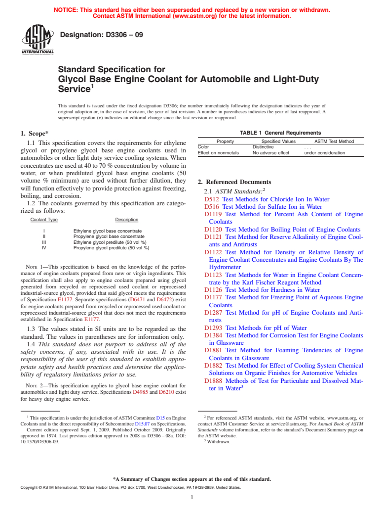 ASTM D3306-09 - Standard Specification for Glycol Base Engine Coolant for Automobile and Light-Duty Service