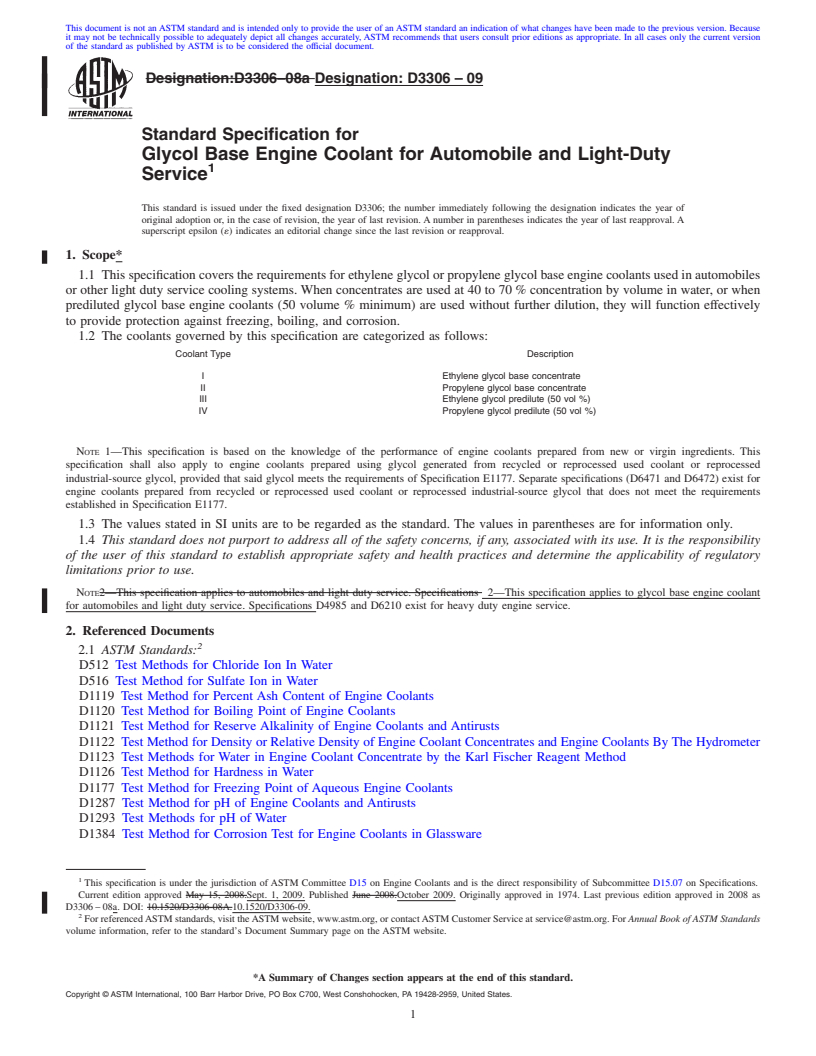 REDLINE ASTM D3306-09 - Standard Specification for Glycol Base Engine Coolant for Automobile and Light-Duty Service