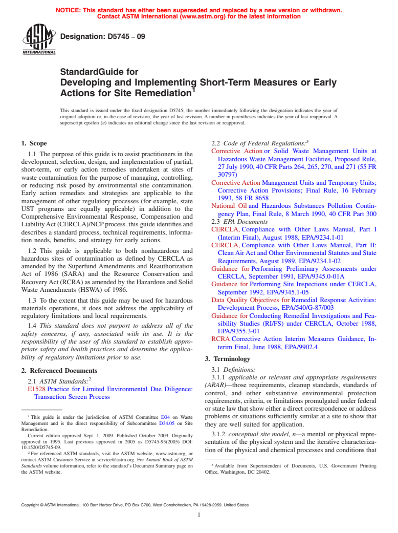 ASTM D5745-09 - Standard Guide for Developing and Implementing Short-Term Measures or Early Actions for Site Remediation