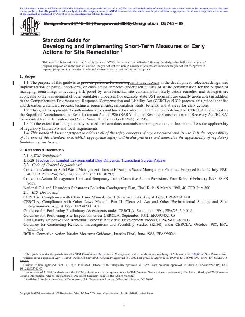 REDLINE ASTM D5745-09 - Standard Guide for Developing and Implementing Short-Term Measures or Early Actions for Site Remediation