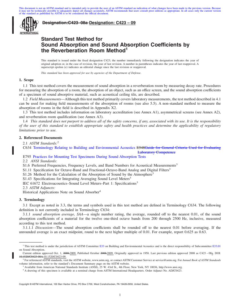 REDLINE ASTM C423-09 - Standard Test Method for Sound Absorption and Sound Absorption Coefficients by the Reverberation Room Method