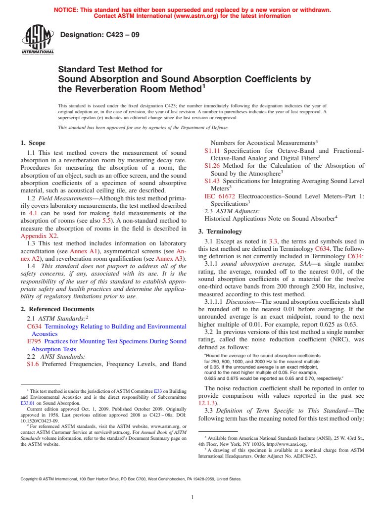 ASTM C423-09 - Standard Test Method for Sound Absorption and Sound Absorption Coefficients by the Reverberation Room Method