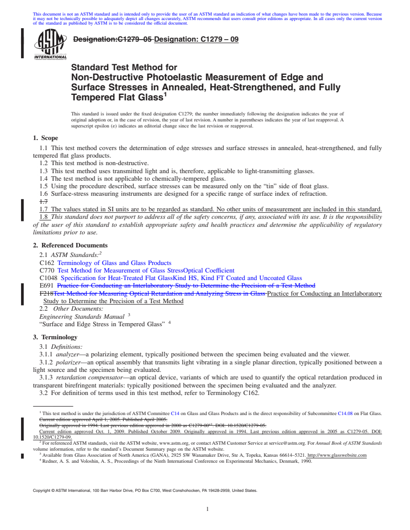 REDLINE ASTM C1279-09 - Standard Test Method for Non-Destructive Photoelastic Measurement of Edge and Surface Stresses in Annealed, Heat-Strengthened, and Fully Tempered Flat Glass