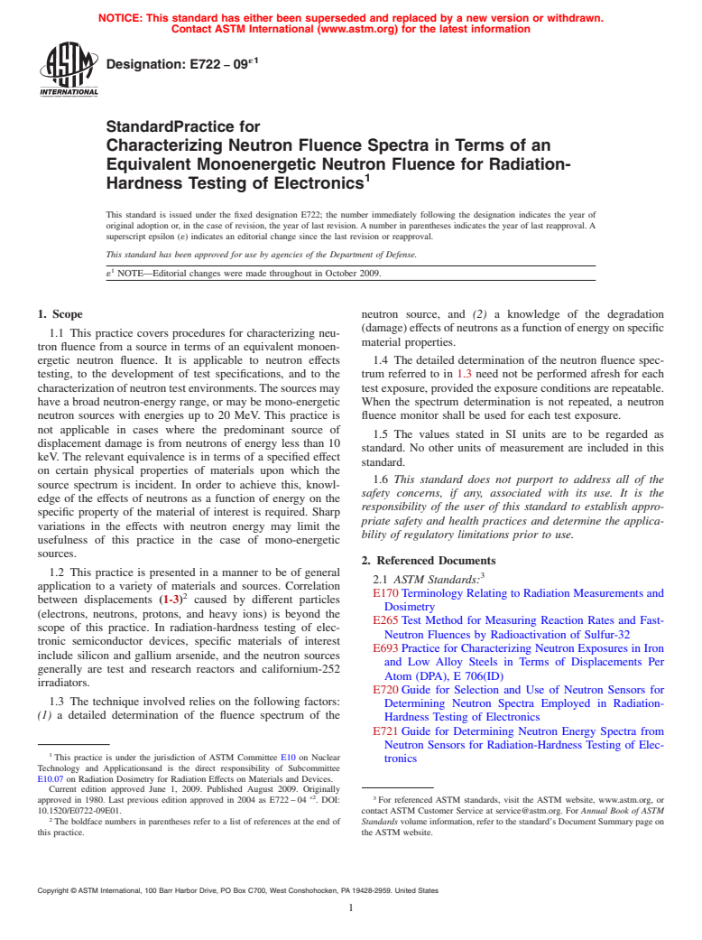 ASTM E722-09e1 - Standard Practice for Characterizing Neutron Fluence Spectra in Terms of an Equivalent Monoenergetic Neutron Fluence for Radiation-Hardness Testing of Electronics