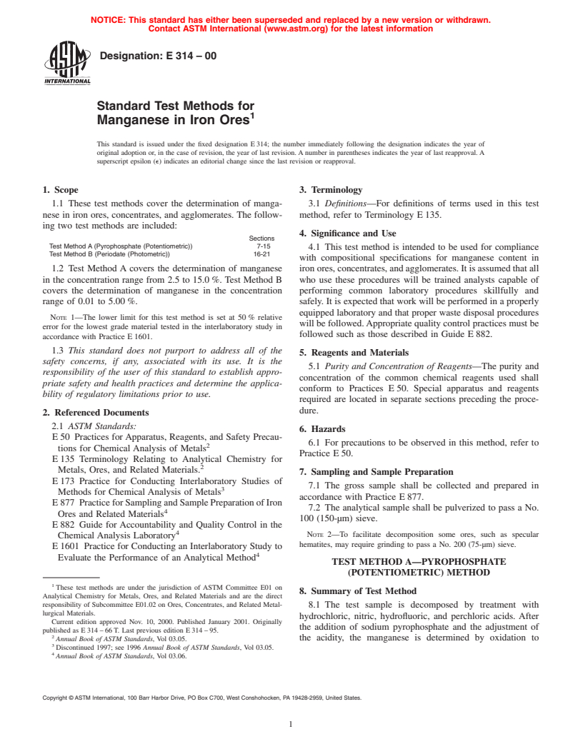 ASTM E314-00 - Standard Test Methods for Manganese in Iron Ores