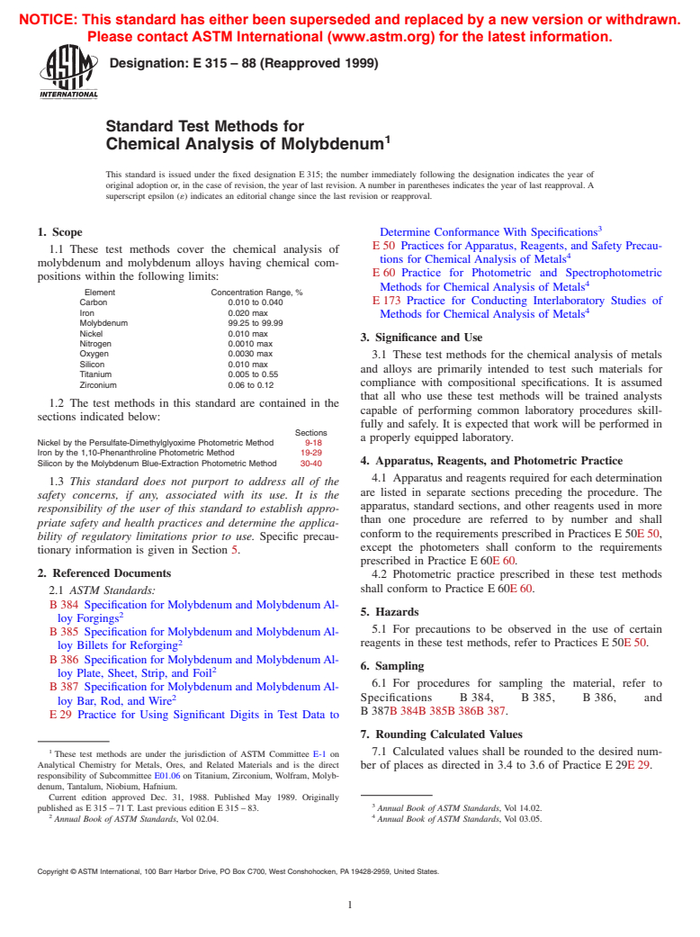 ASTM E315-88(1999) - Standard Test Methods for Chemical Analysis of Molybdenum