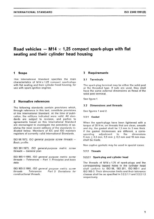 ISO 2346:1991 - Road vehicles -- M14 x 1,25 compact spark-plugs with flat seating and their cylinder head housing
