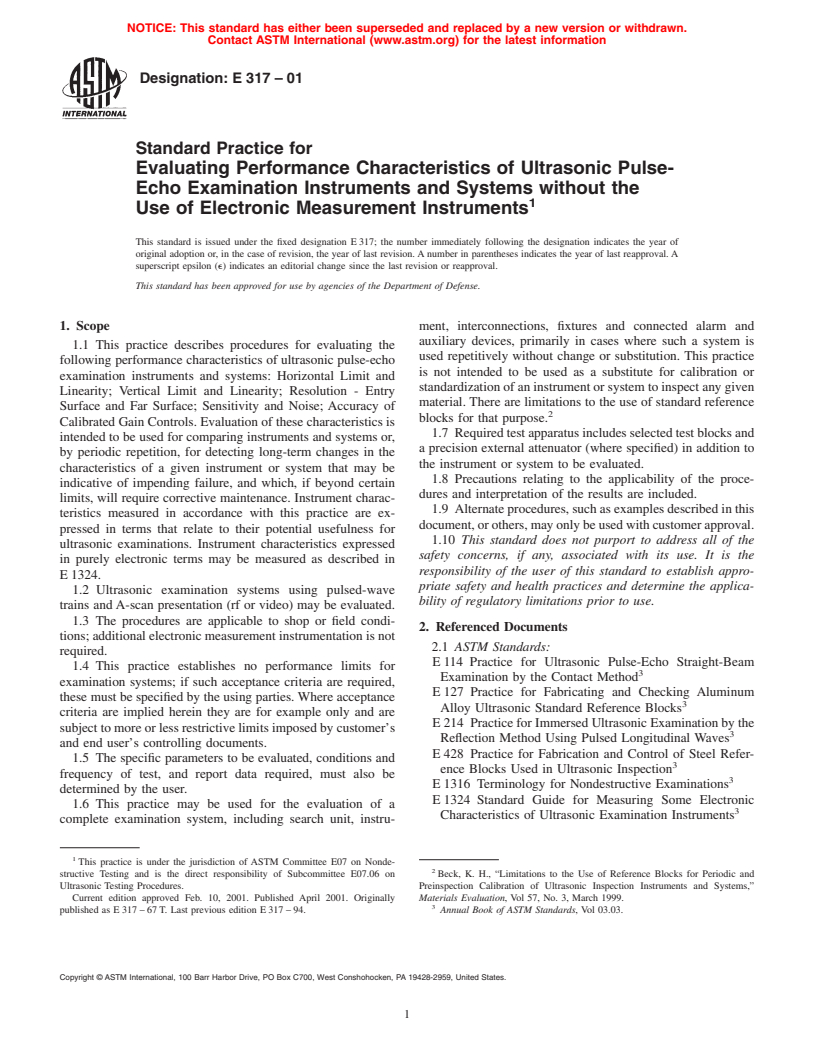 ASTM E317-01 - Standard Practice for Evaluating Performance Characteristics of Ultrasonic Pulse- Echo Examination Instruments and Systems Without the Use of Electronic Measurement Instruments