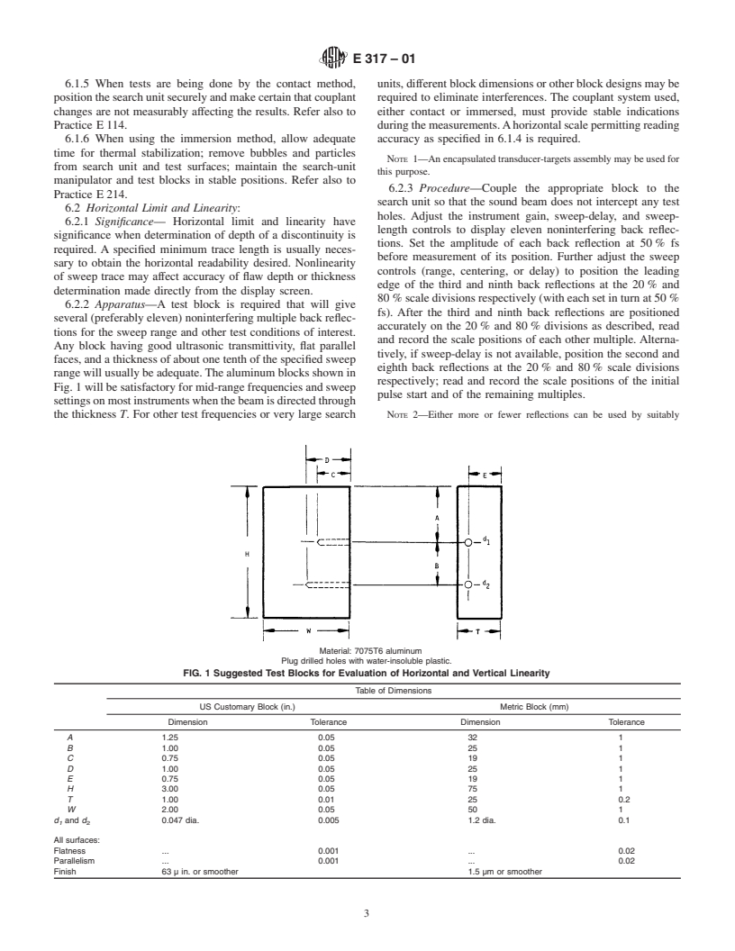 ASTM E317-01 - Standard Practice for Evaluating Performance Characteristics of Ultrasonic Pulse- Echo Examination Instruments and Systems Without the Use of Electronic Measurement Instruments