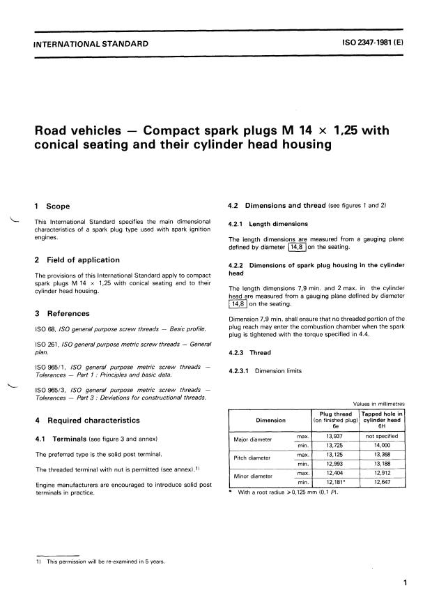 ISO 2347:1981 - Road vehicles -- Compact spark plugs M 14 x 1,25 with conical seating and their head housing