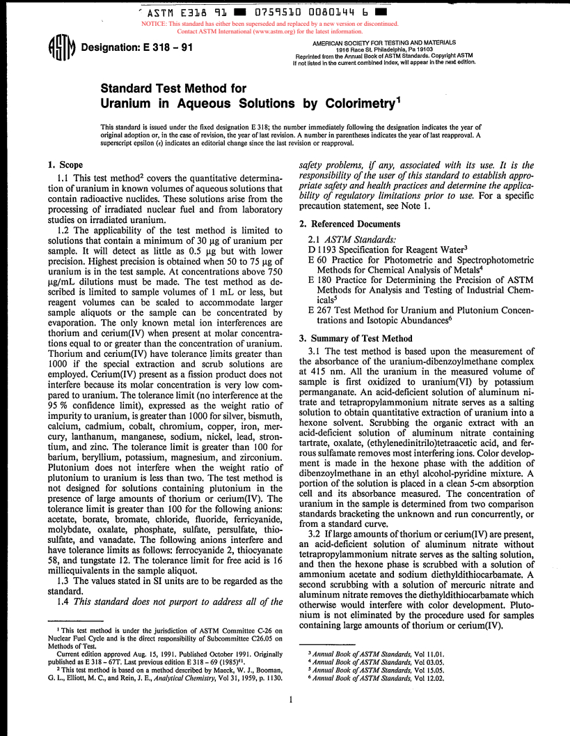 ASTM E318-91 - Test Method for Uranium in Aqueous Solutions by Colorimetry (Withdrawn 1996)