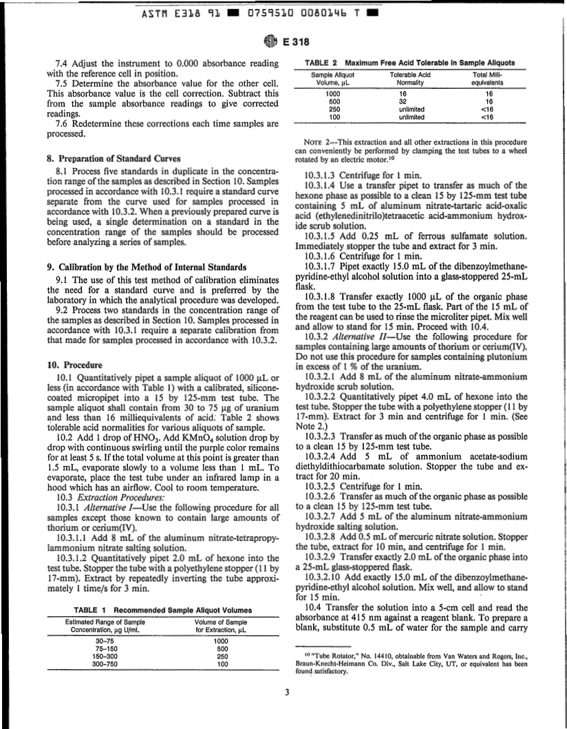 ASTM E318-91 - Test Method for Uranium in Aqueous Solutions by Colorimetry (Withdrawn 1996)