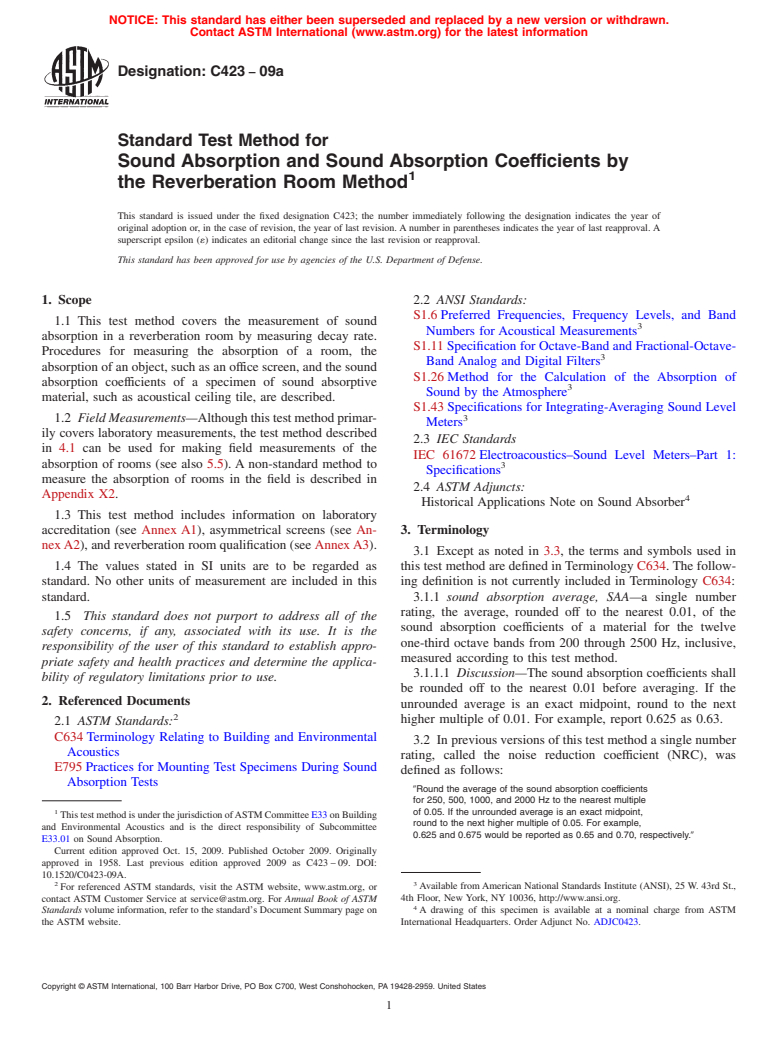 ASTM C423-09a - Standard Test Method for Sound Absorption and Sound Absorption Coefficients by the Reverberation Room Method