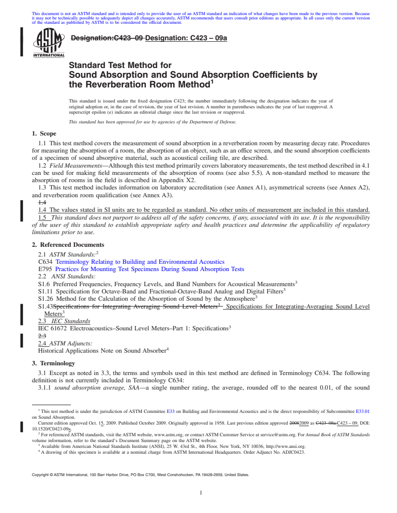 REDLINE ASTM C423-09a - Standard Test Method for Sound Absorption and Sound Absorption Coefficients by the Reverberation Room Method