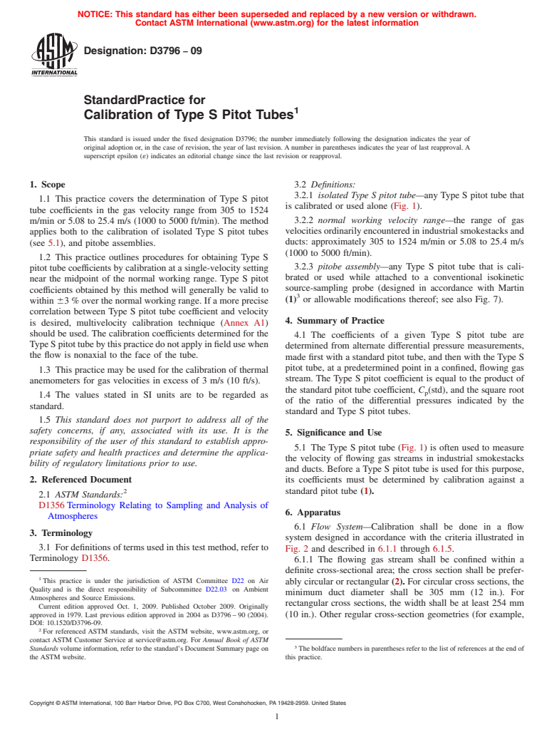 ASTM D3796-09 - Standard Practice for Calibration of Type S Pitot Tubes