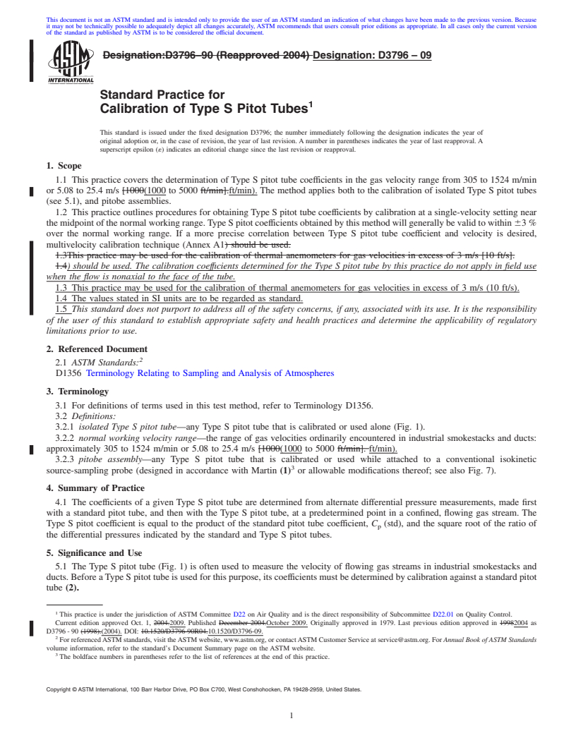 REDLINE ASTM D3796-09 - Standard Practice for Calibration of Type S Pitot Tubes