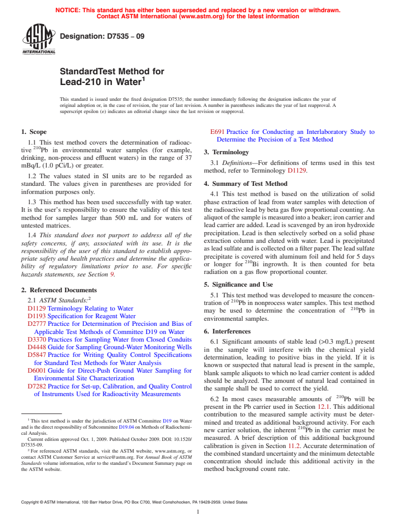 ASTM D7535-09 - Standard Test Method for Lead-210 in Water