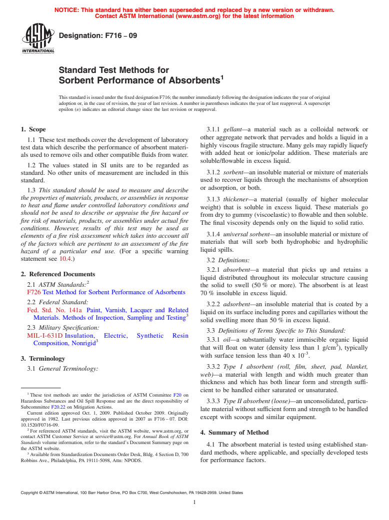 ASTM F716-09 - Standard Test Methods for Sorbent Performance of Absorbents (Withdrawn 2018)