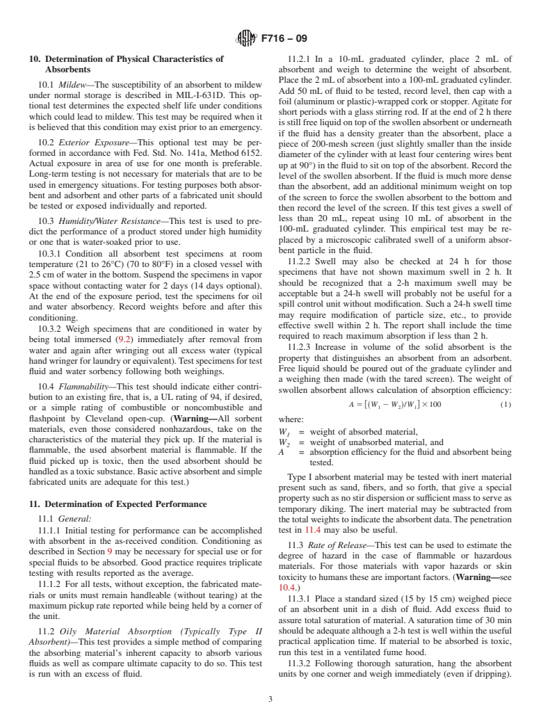 ASTM F716-09 - Standard Test Methods for Sorbent Performance of Absorbents (Withdrawn 2018)