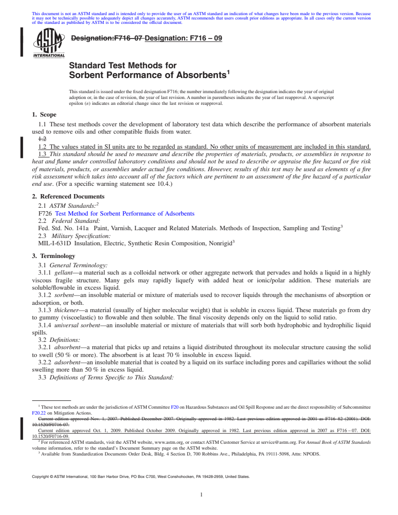 REDLINE ASTM F716-09 - Standard Test Methods for Sorbent Performance of Absorbents (Withdrawn 2018)