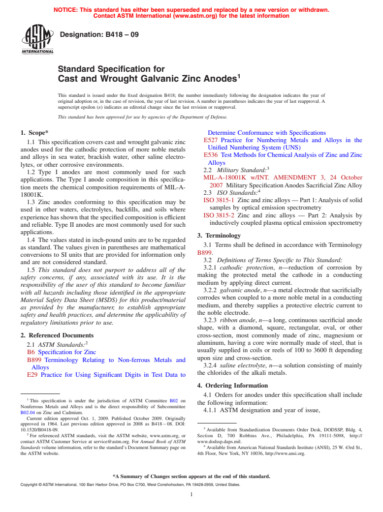 ASTM B418-09 - Standard Specification for Cast and Wrought Galvanic Zinc Anodes