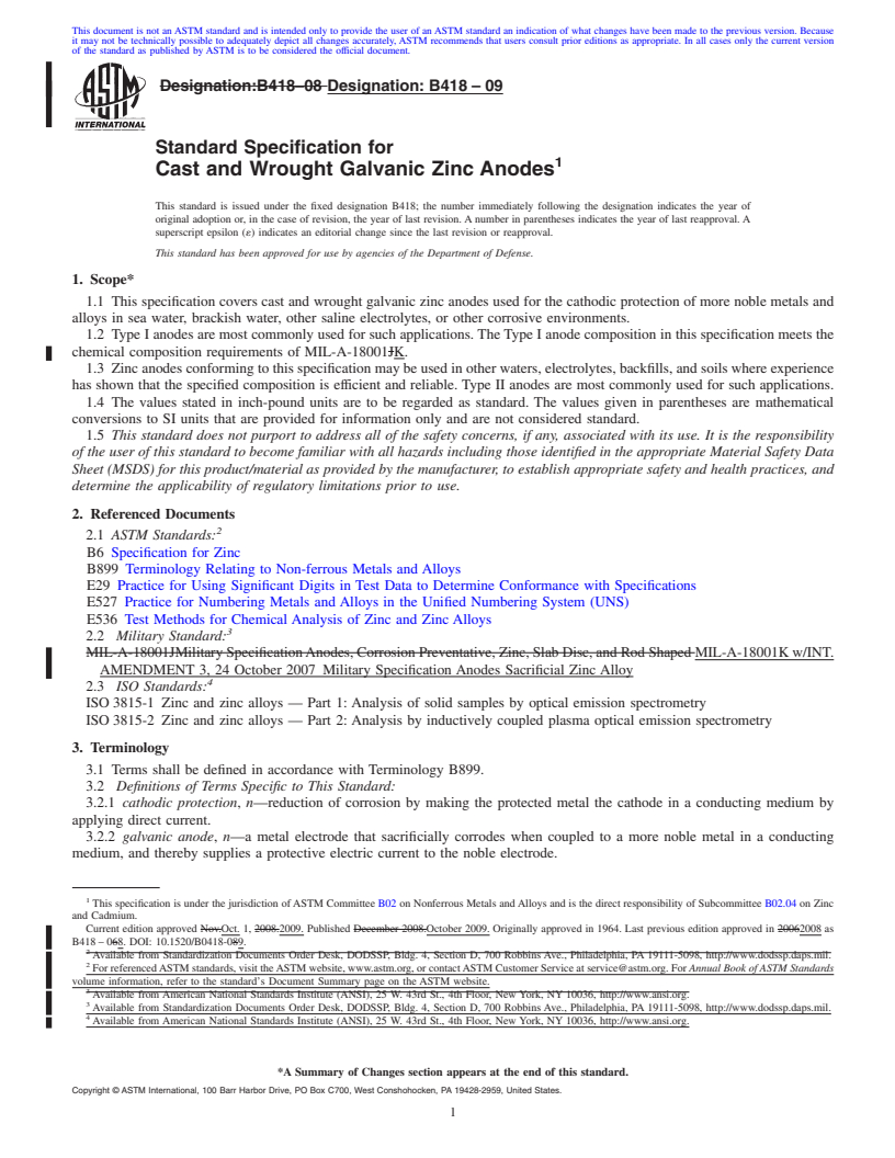 REDLINE ASTM B418-09 - Standard Specification for Cast and Wrought Galvanic Zinc Anodes