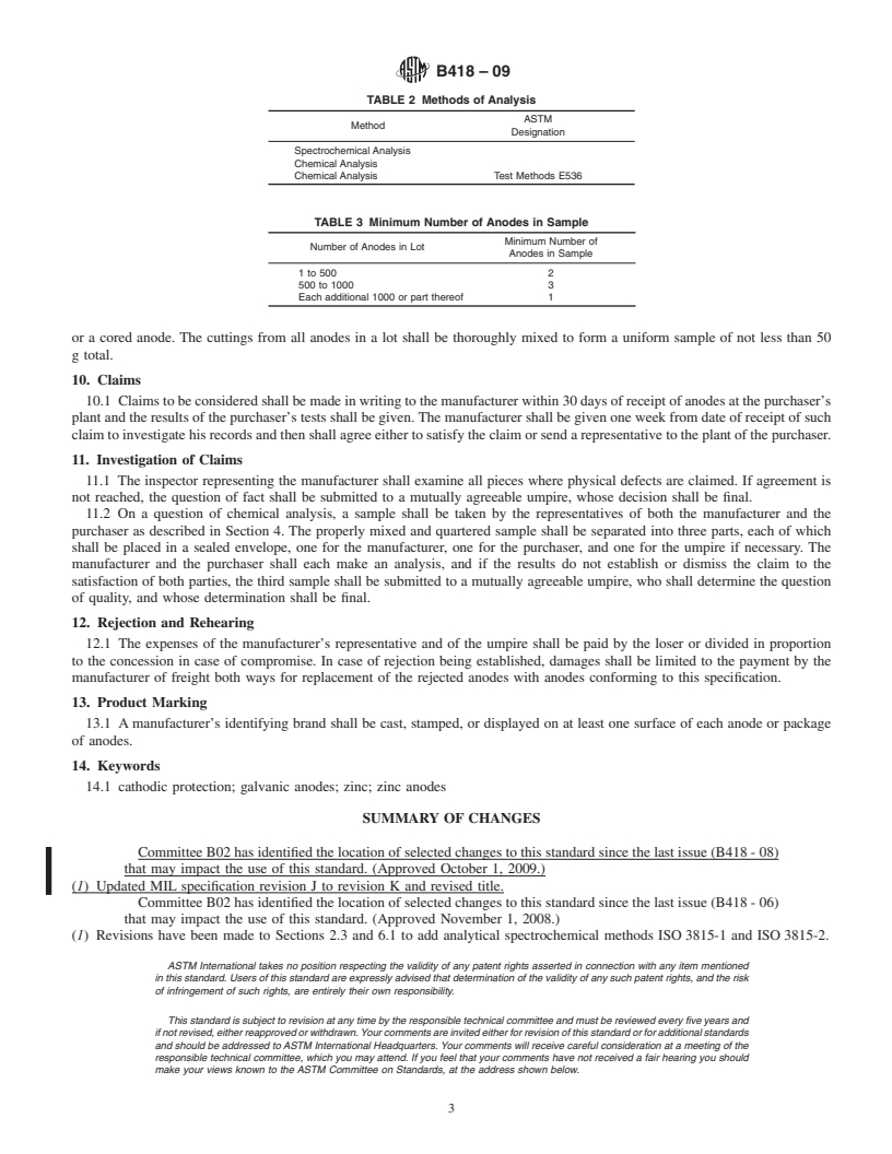 REDLINE ASTM B418-09 - Standard Specification for Cast and Wrought Galvanic Zinc Anodes