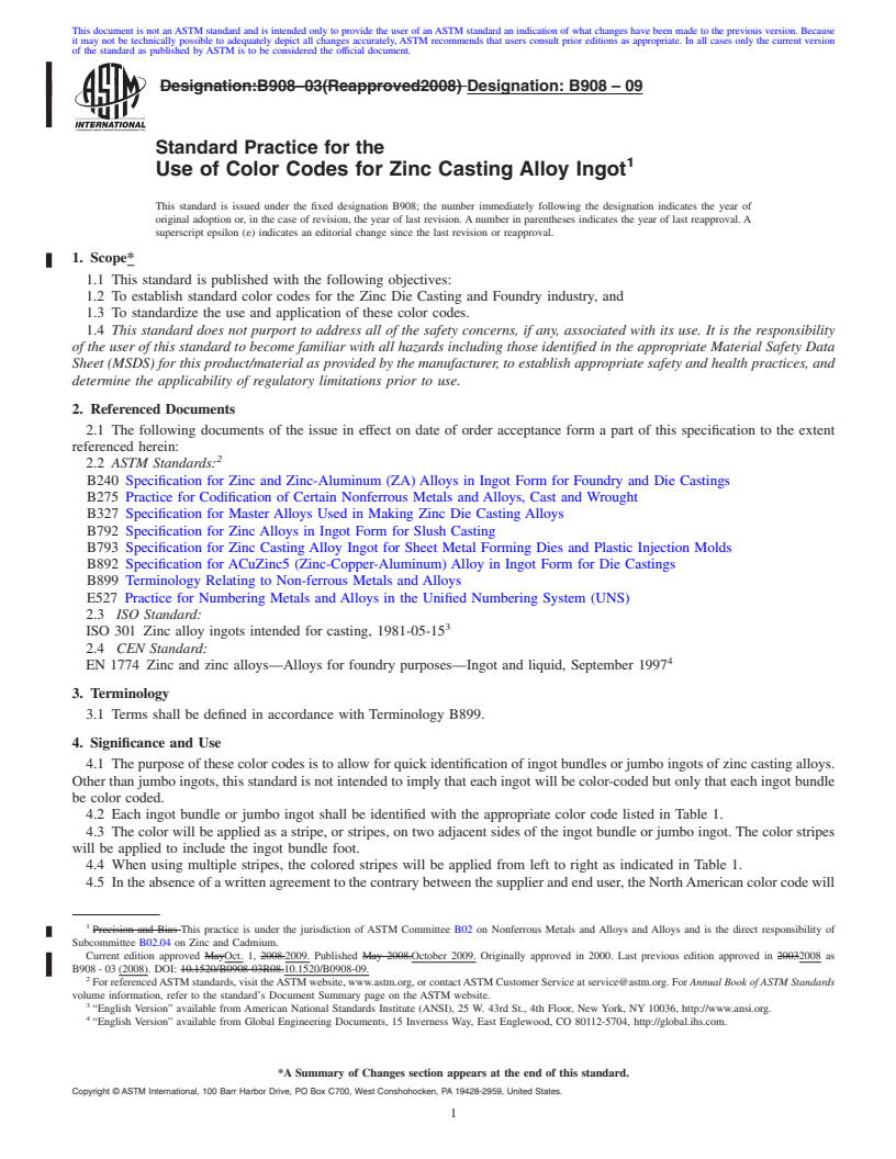 REDLINE ASTM B908-09 - Standard Practice for the Use of Color Codes for Zinc Casting Alloy Ingot