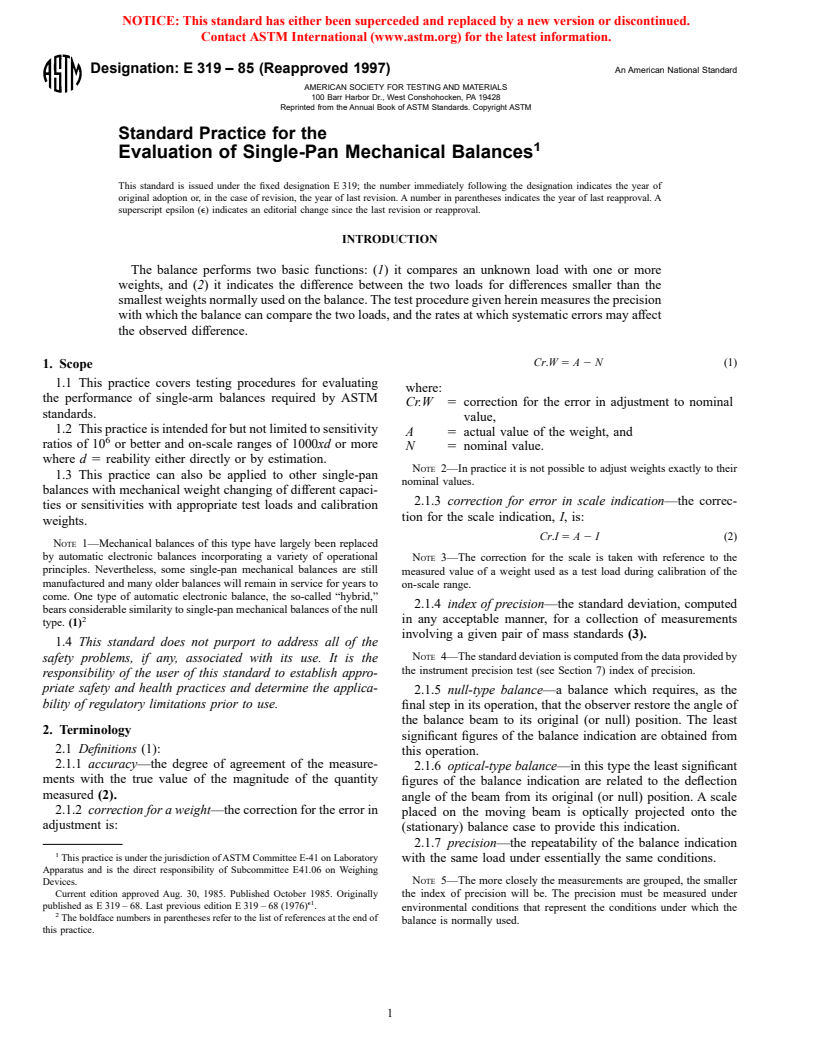 ASTM E319-85(1997) - Standard Practice for the Evaluation of Single-Pan Mechanical Balances